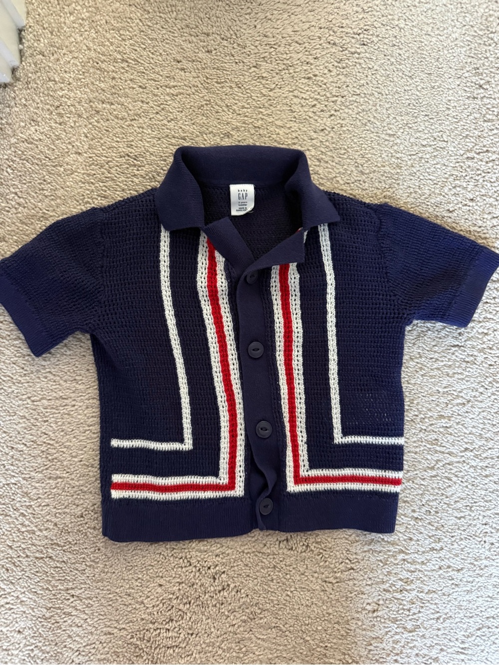 GAP Navy Knit Short-Sleeve Button-Front Shirt with White & Red Trim